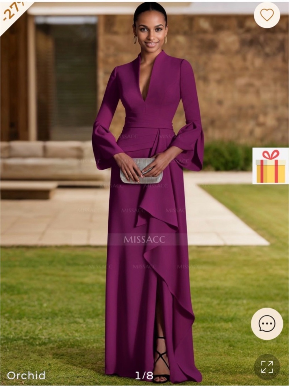 Missacc Orchid V-Neck Long Sleeve Ruffle Evening Gown.  Never worn